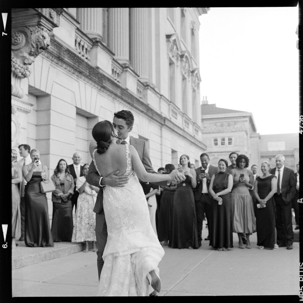 First dance wedding in front of wisconsin historical society pillars